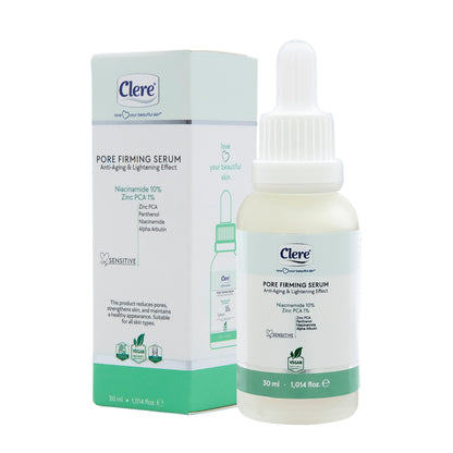Clere Pore Firming Serum, Anti-Aging & Porenverfeinerung, Niacinamid 10%, Zink PCA, für alle Hauttypen, 30ml, Vegan, Ohne Parabene, Silikone und Duftstoffe