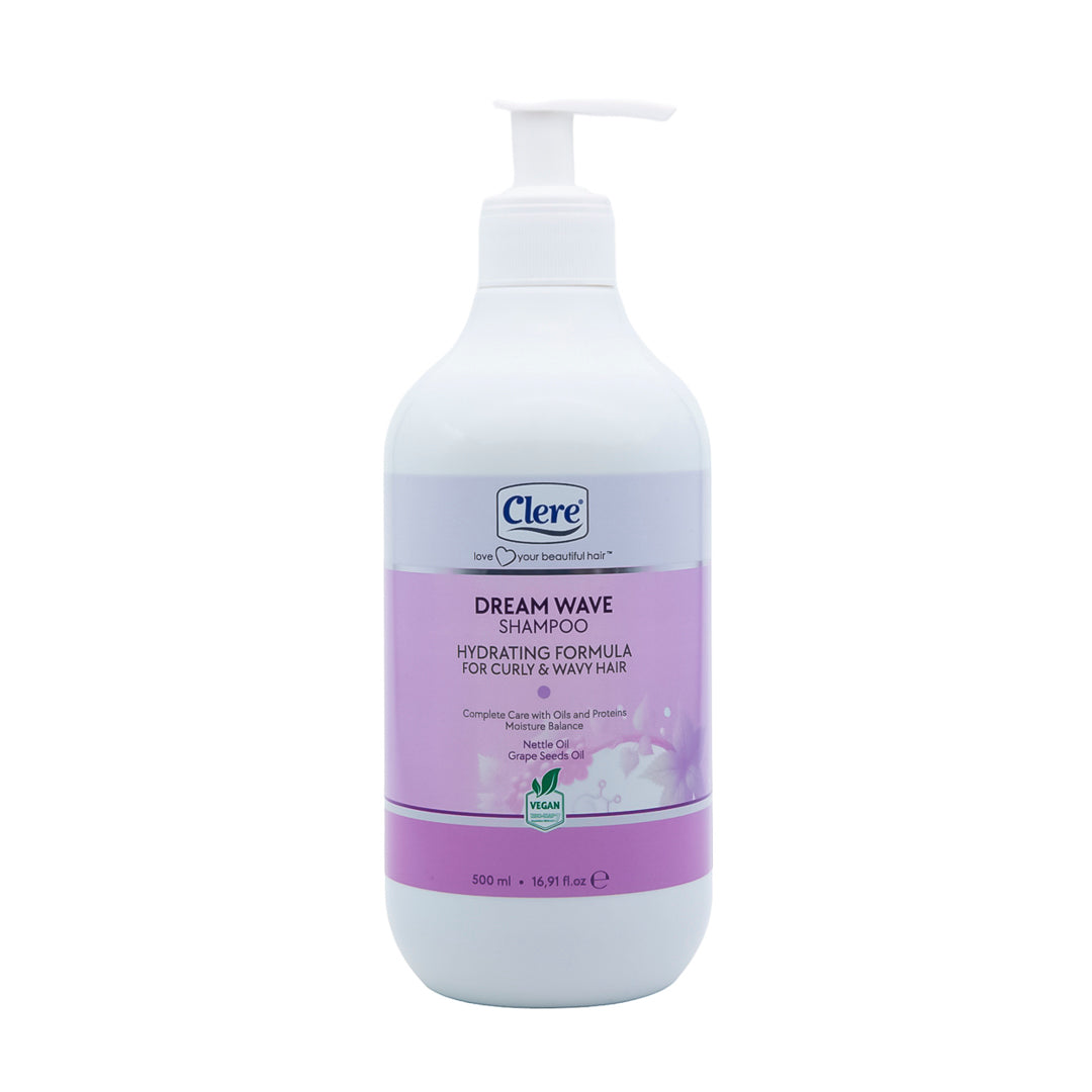 Clere Dream Wave Shampoo – Feuchtigkeitsspendende Pflege für Lockiges & Welliges Haar, Mit Kräuterextrakten & Traubenkernöl, Vegan (500 ml)