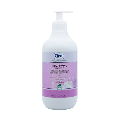 Clere Dream Wave Shampoo – Feuchtigkeitsspendende Pflege für Lockiges & Welliges Haar, Mit Kräuterextrakten & Traubenkernöl, Vegan (500 ml)