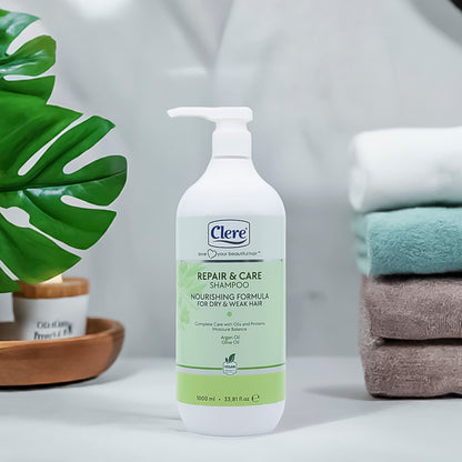 Clere Repair & Care Shampoo - Mit Nährendem Oliven- & Arganöl für Tiefenpflege und Glänzendes Haar - 1000 ml