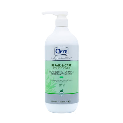 Clere Repair & Care Conditioner 1000ml - Nährende Pflege für trockenes, geschädigtes Haar mit Argan- und Olivenöl, vegan, feuchtigkeitsspendend