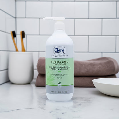 Clere Repair & Care Conditioner 1000ml - Nährende Pflege für trockenes, geschädigtes Haar mit Argan- und Olivenöl, vegan, feuchtigkeitsspendend