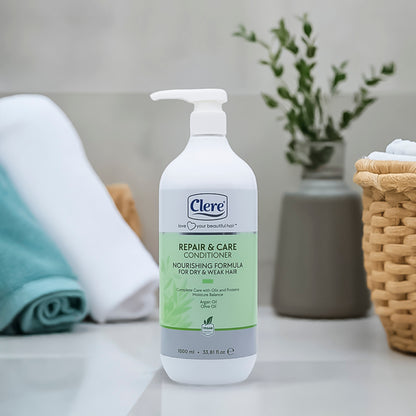 Clere Repair & Care Conditioner 1000ml - Nährende Pflege für trockenes, geschädigtes Haar mit Argan- und Olivenöl, vegan, feuchtigkeitsspendend