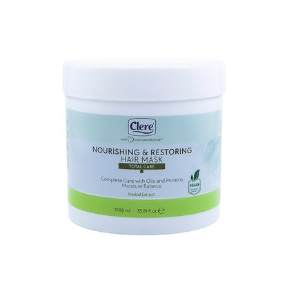 Clere Nourishing & Restoring Haarmaske 1000ml, Tiefenwirksame Pflege mit Kräuterextrakten, Ölen und Proteinen für geschädigtes und gefärbtes Haar, vegan