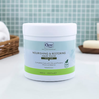 Clere Nourishing & Restoring Haarmaske 1000ml, Tiefenwirksame Pflege mit Kräuterextrakten, Ölen und Proteinen für geschädigtes und gefärbtes Haar, vegan