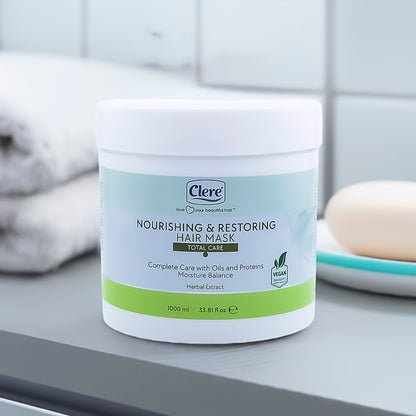 Clere Nourishing & Restoring Haarmaske 1000ml, Tiefenwirksame Pflege mit Kräuterextrakten, Ölen und Proteinen für geschädigtes und gefärbtes Haar, vegan