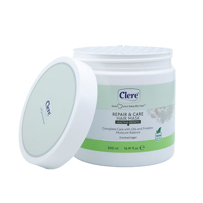 Clere Repair & Care Haarmaske, 500 ml – Angereichert mit Arganöl, Paraben- und Silikonfrei, Vegane Haarpflege für geschmeidiges und kräftiges Haar