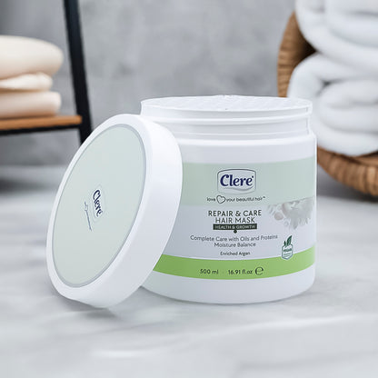 Clere Repair & Care Haarmaske, 500 ml – Angereichert mit Arganöl, Paraben- und Silikonfrei, Vegane Haarpflege für geschmeidiges und kräftiges Haar