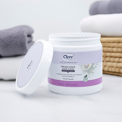 Clere Dream Wave Haarmaske, 500 ml – Angereichert mit Avocado-Öl, Hydratisierend und Volumenverleihend, Paraben- und Silikonfrei, Vegan