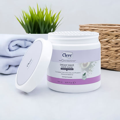 Clere Dream Wave Haarmaske, 500 ml – Angereichert mit Avocado-Öl, Hydratisierend und Volumenverleihend, Paraben- und Silikonfrei, Vegan