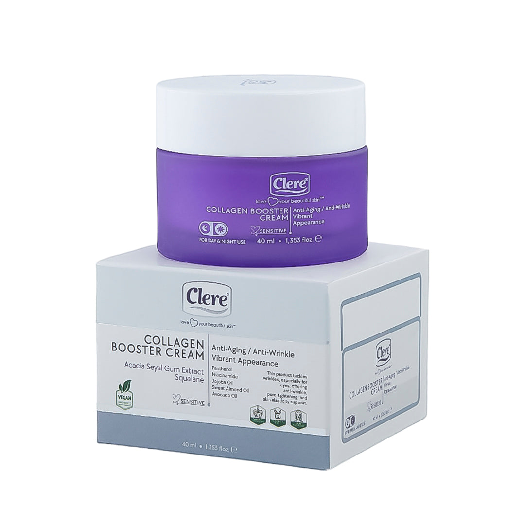 Clere Collagen Booster Cream, 40 ml Anti-Aging und Anti-Falten Pflege, mit Kollagen, Jojoba und Avocadoöl, vegan, für sensible Haut