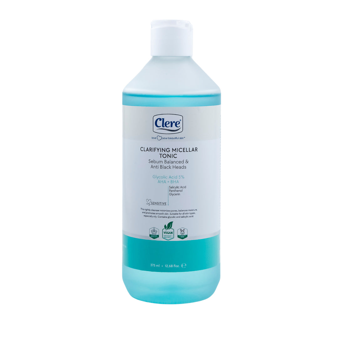 Clere Clarifying Micellar Tonic 375ml – Mit 5% Glycolsäure & Salicylsäure, Porentiefe Reinigung, Sebum Kontrolle, Anti-Mitesser, Vegan & Cruelty-Free, für Fettige und Unreine Haut