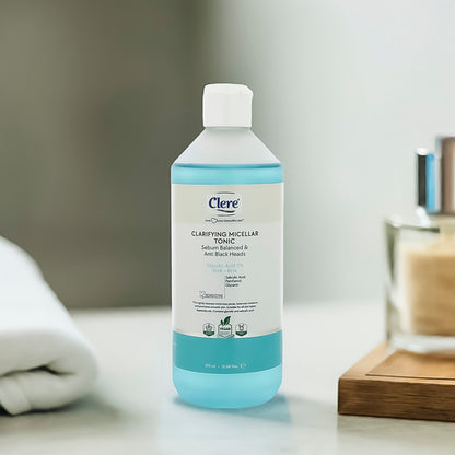 Clere Clarifying Micellar Tonic 375ml – Mit 5% Glycolsäure & Salicylsäure, Porentiefe Reinigung, Sebum Kontrolle, Anti-Mitesser, Vegan & Cruelty-Free, für Fettige und Unreine Haut