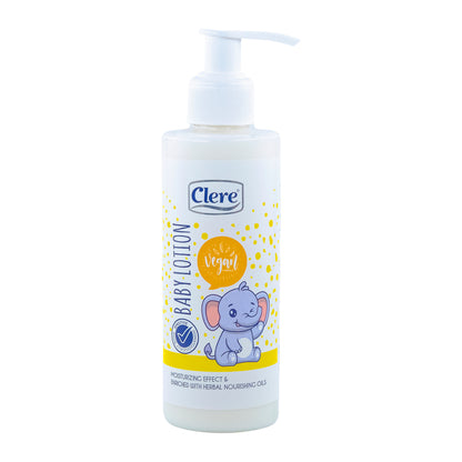 Clere Baby Lotion - Vegan, feuchtigkeitsspendend & dermatologisch getestet - Mit pflanzlichen Ölen & Vitaminen, ideal für empfindliche Babyhaut, 200 ml