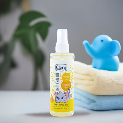 Clere Babyöl 200ml - Paraben- & Silikonfrei, mit Vitamin E, Mandel- und Jojobaöl, Feuchtigkeitsspendend und Pflegend, für empfindliche Babyhaut, Massageöl
