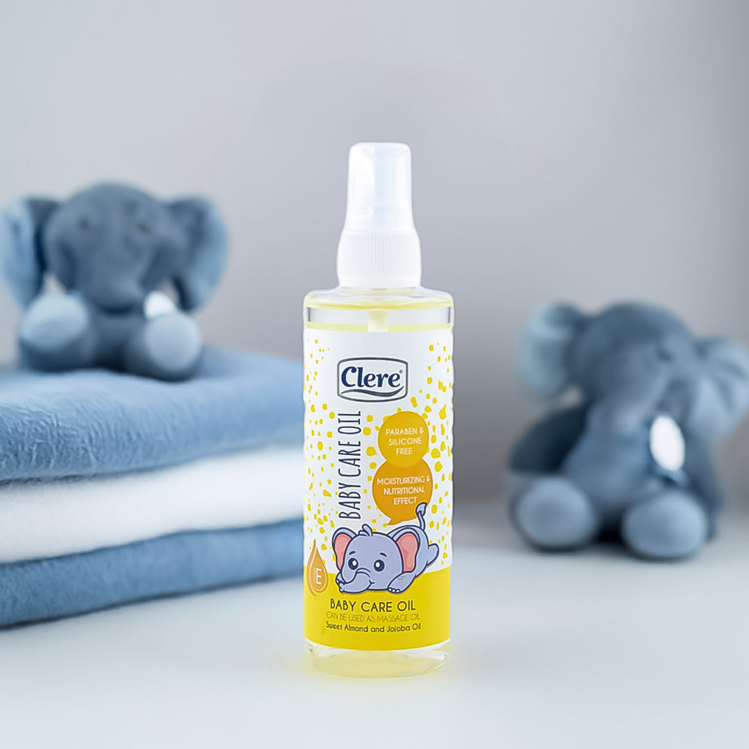Clere Babyöl 200ml - Paraben- & Silikonfrei, mit Vitamin E, Mandel- und Jojobaöl, Feuchtigkeitsspendend und Pflegend, für empfindliche Babyhaut, Massageöl